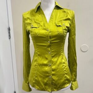 VTG Y2K Cache Lime Neon Green Silk Spandex Snap Front Shirt Long Sleeve XS